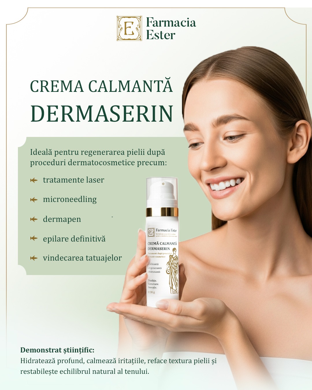 cremă calmantă după laser DermaSerin pentru regenerarea pielii după proceduri estetice