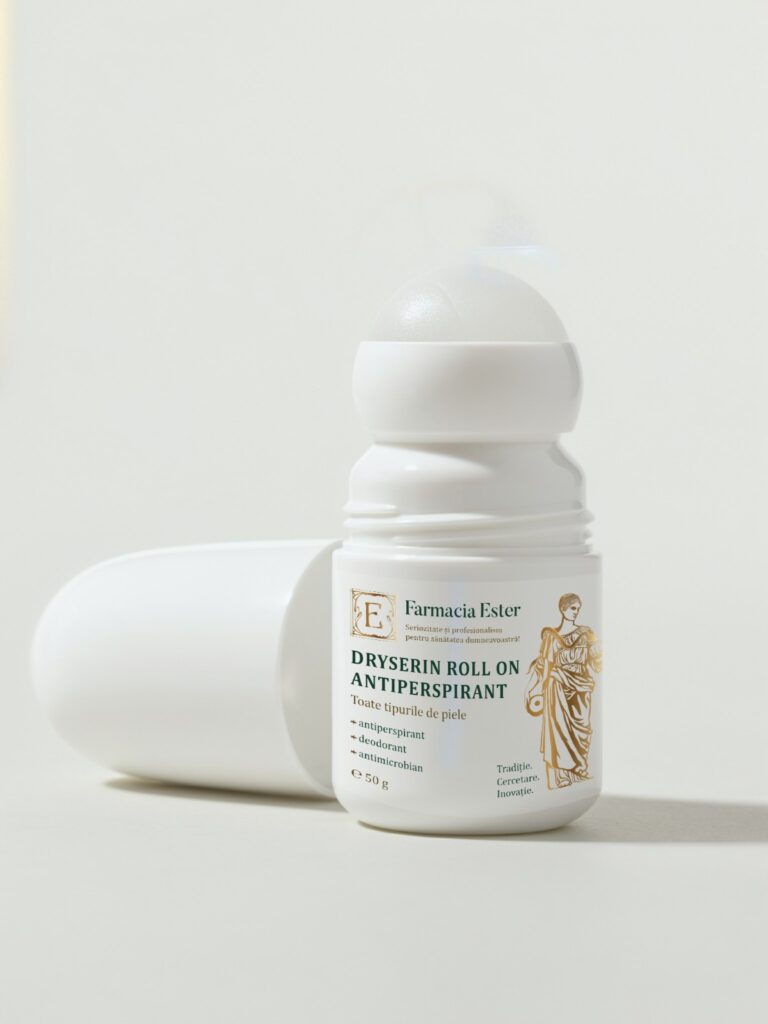 Dryserin Roll On deschis, cu bila roll-on vizibilă și capacul alături, deodorant cu piatră de alaun, Farmacia Ester